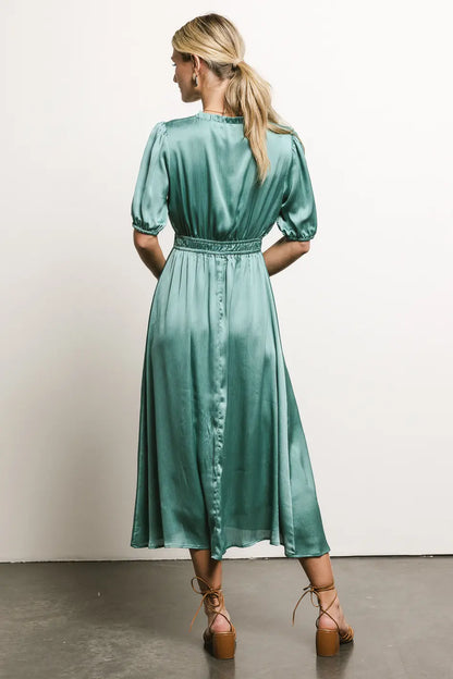 V Neck Satin Midi Dress in Seafoam FINAL SALE