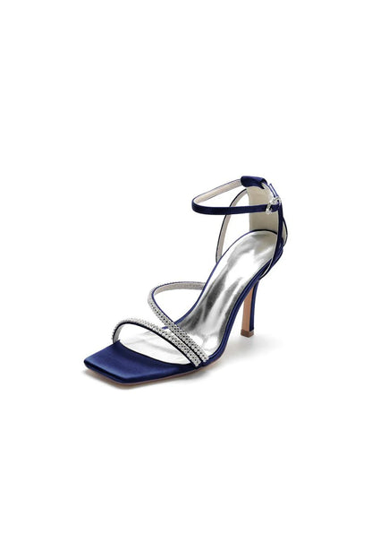 Square OpenToe Beaded Ankle Strap Satin Stiletto Heels