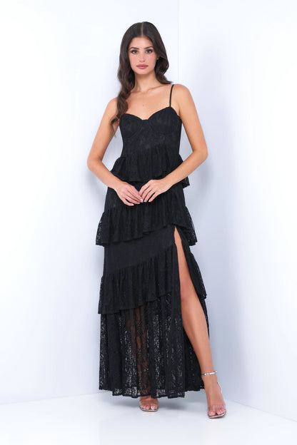 Vanna Lace Tiered Maxi Dress Black