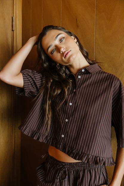 Melody Pinstripe Blouse in Dark Brown