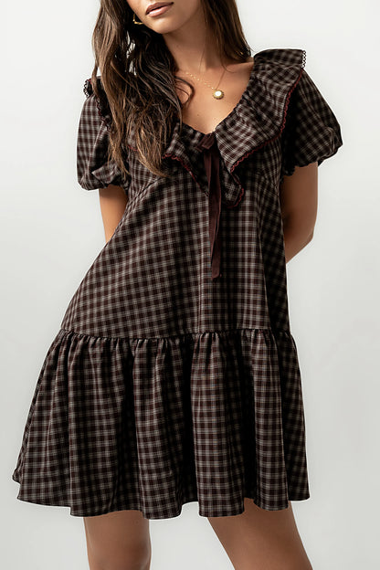 Tony Gingham Baby Doll Dress in Brown FINAL SALE