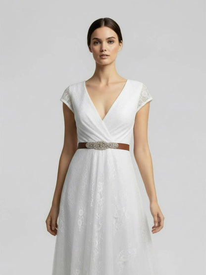 Short Sleeve V neck Pleated Long Lace Wedding Dress