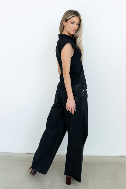 Remi Pleated Button Up in Black