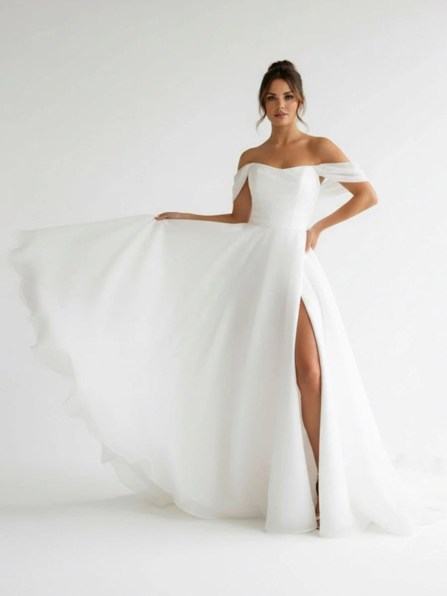 Elegant White Off the Shoulder Long Wedding Dress with Slit