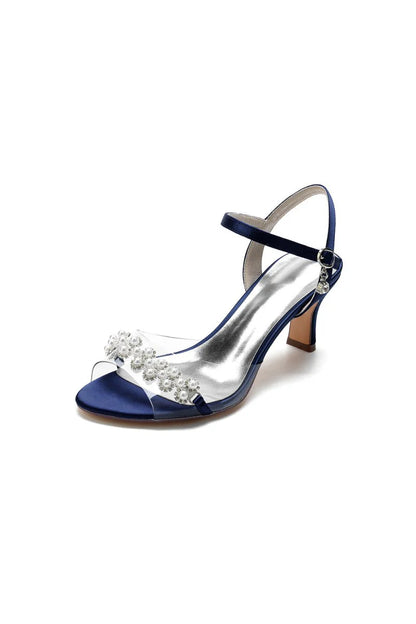 Pearl Open Toe Buckle Strap Chunky Heels