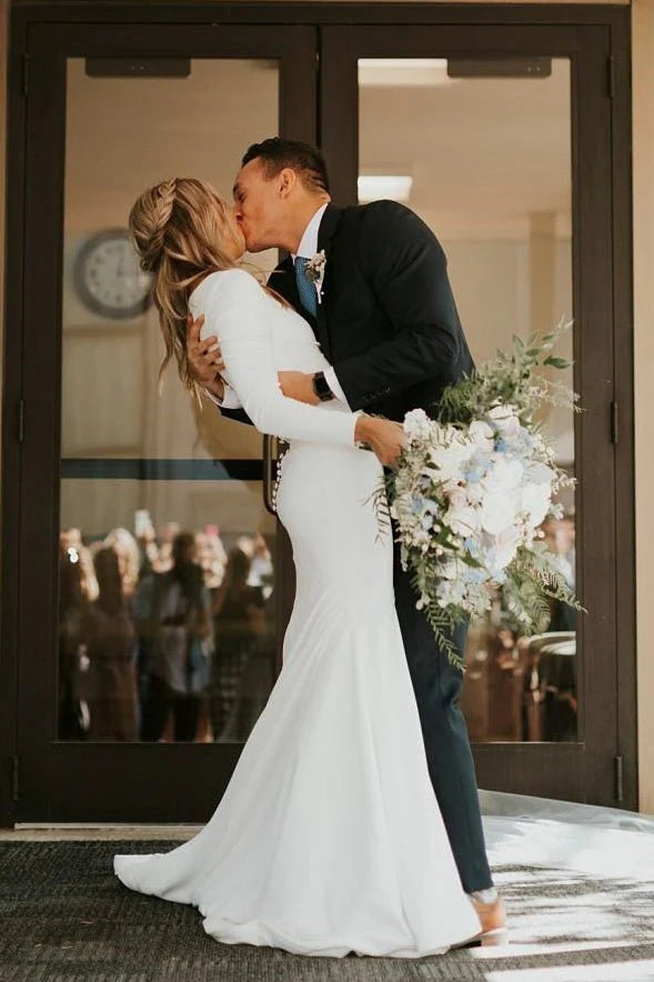 Modest Long Sleeve Satin Wedding Dress With Sweep Train