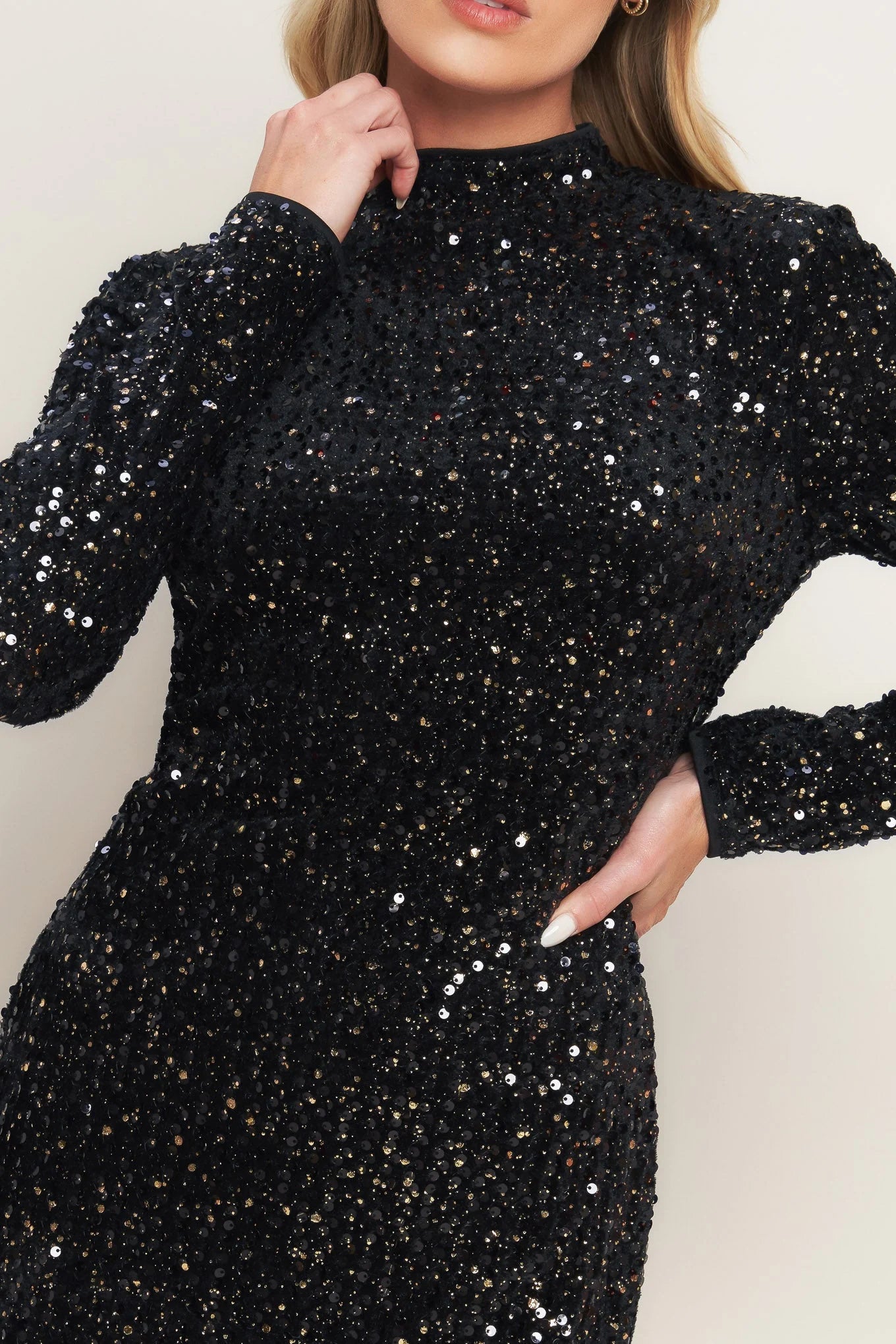 WHIMS OF FATE BLACK SEQUIN MINI DRESS WITH LONG SLEEVES