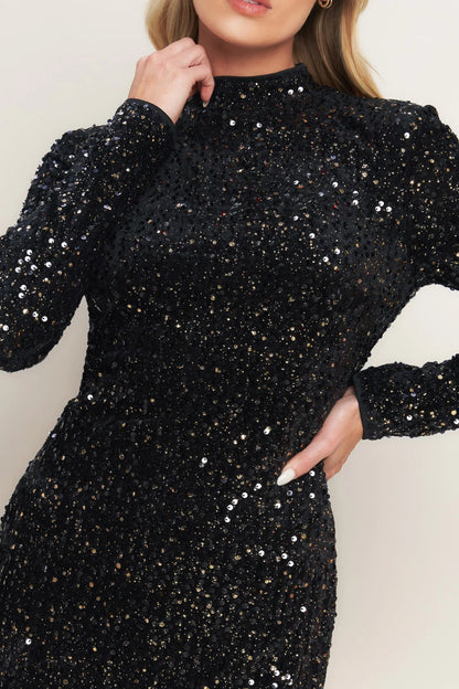 WHIMS OF FATE BLACK SEQUIN MINI DRESS WITH LONG SLEEVES FINAL SALE