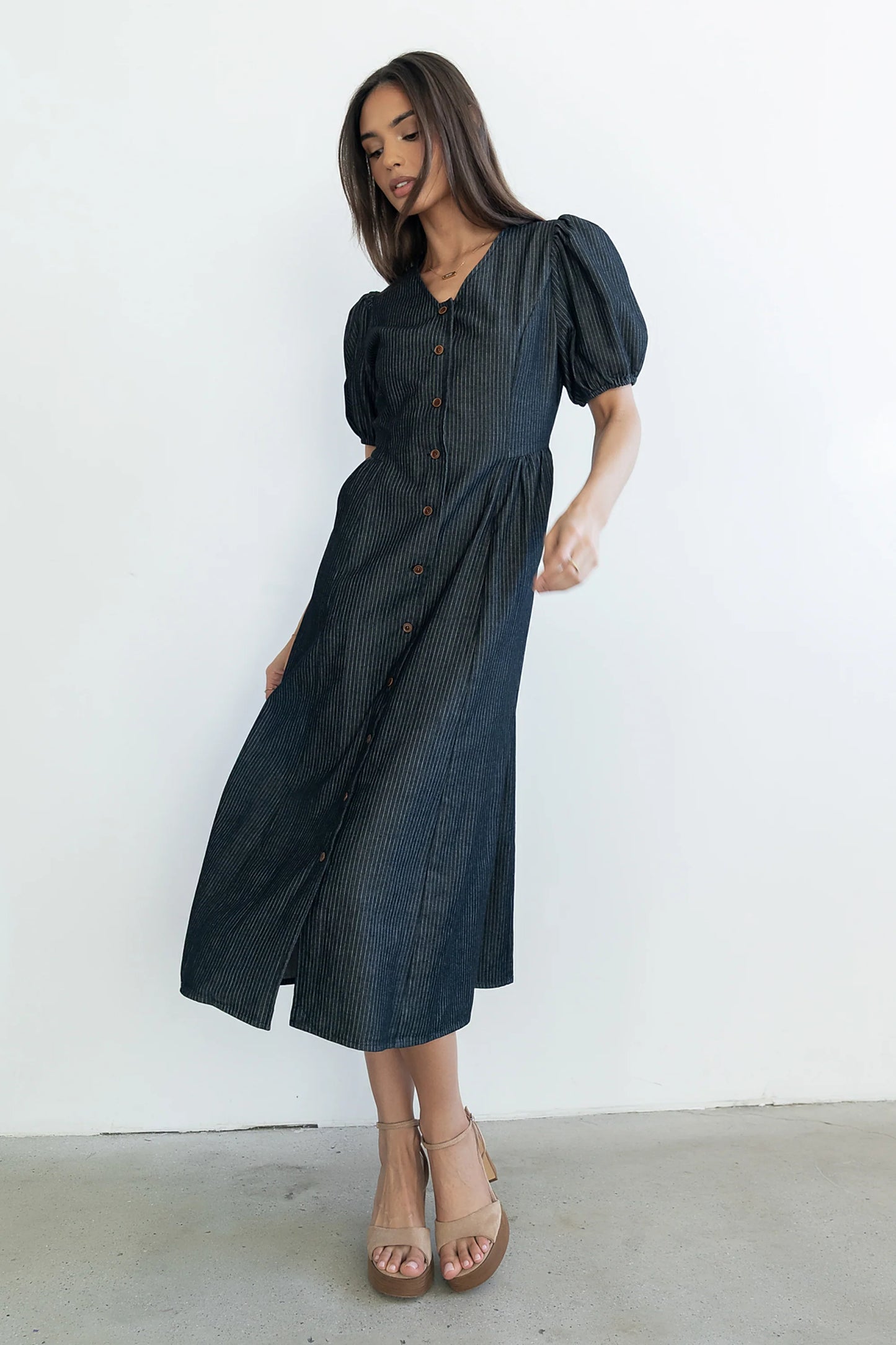 Conley Pinstripe Midi Dress in Black