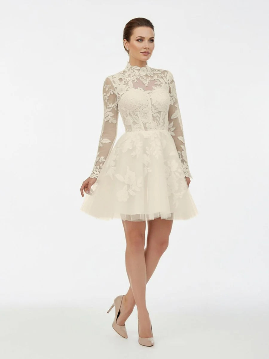Short White A Line Illusion Neck Long Sleeves Lace Wedding Dresses