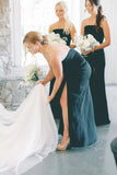 Black Strapless Long Bridesmaid Dresses with Slit