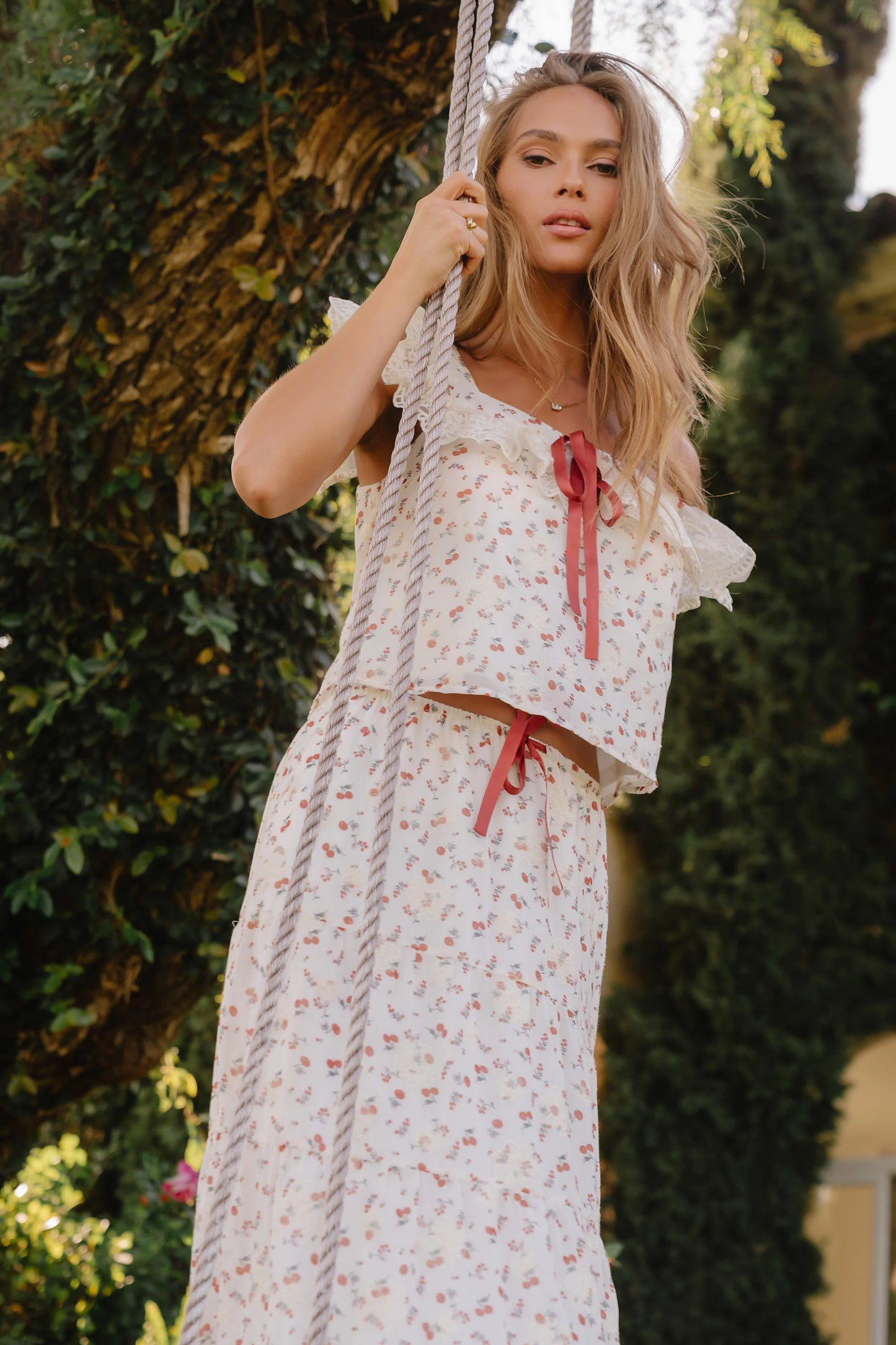 Simon Tiered Maxi Skirt in Red