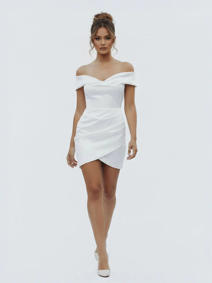 Sheath Off the Shoulder Satin Simple Wedding Dress Sleeveless Short Hemline
