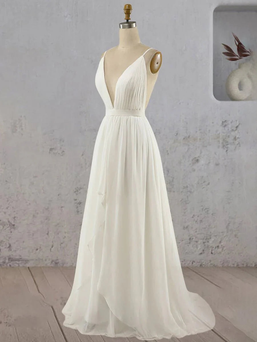 A Line V Neck Straps Spaghetti Sheath Chiffon Wedding Dress