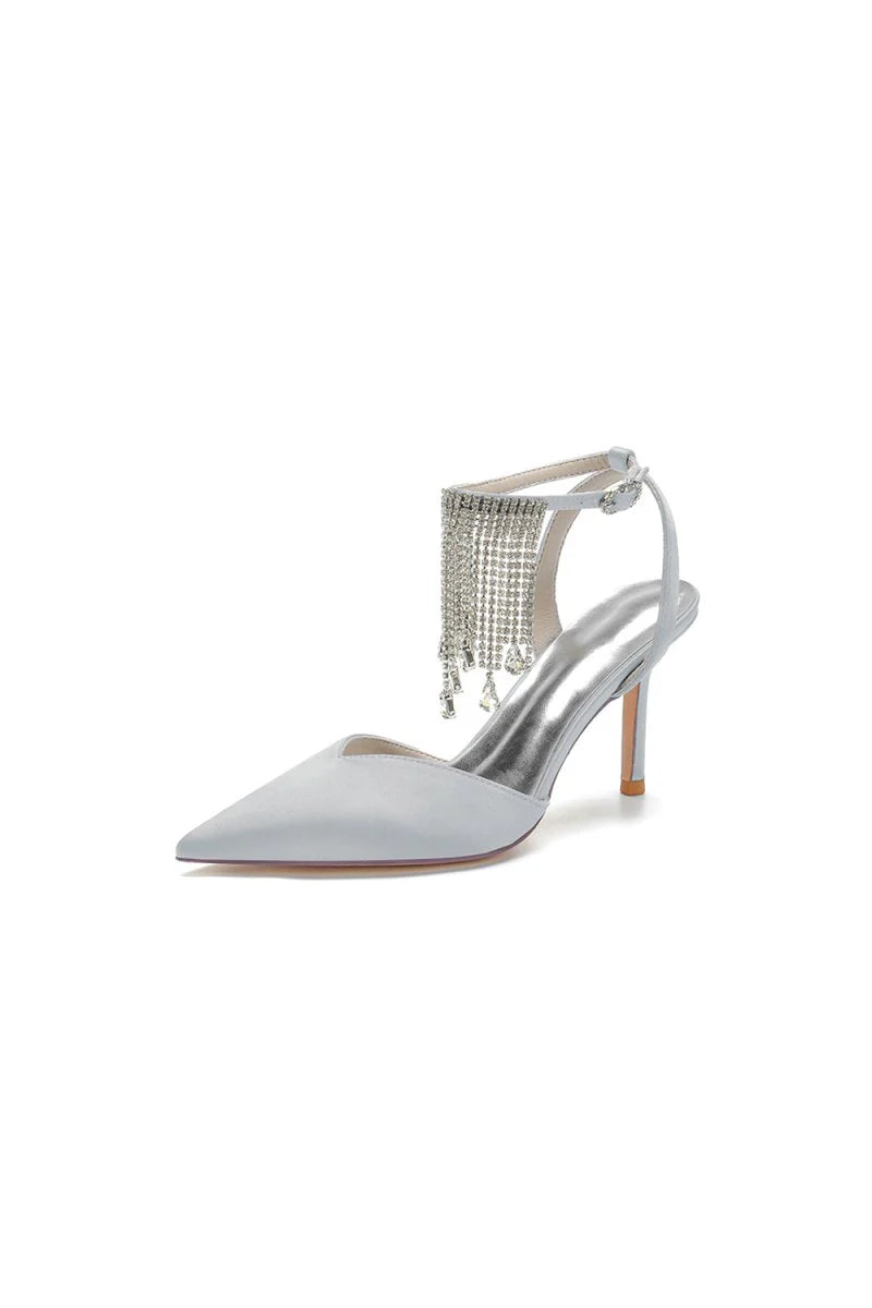 Pointed Toe Crystal Tassel Strap Heels