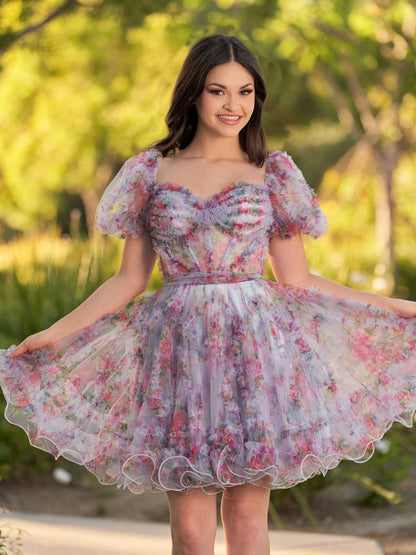 Ivana A Line Off the Shoulder Printed Tulle Short Homecoming Dress