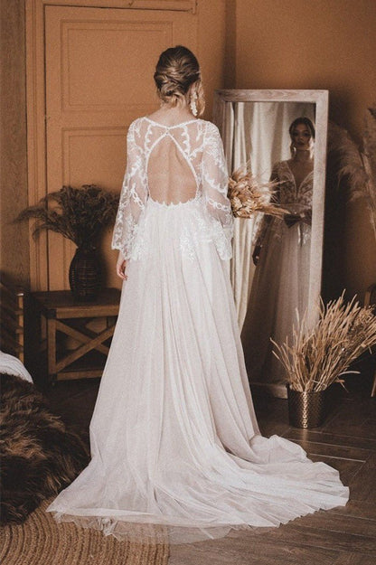 A Line Lace Top Flare Sleeves Open Back Wedding Dress