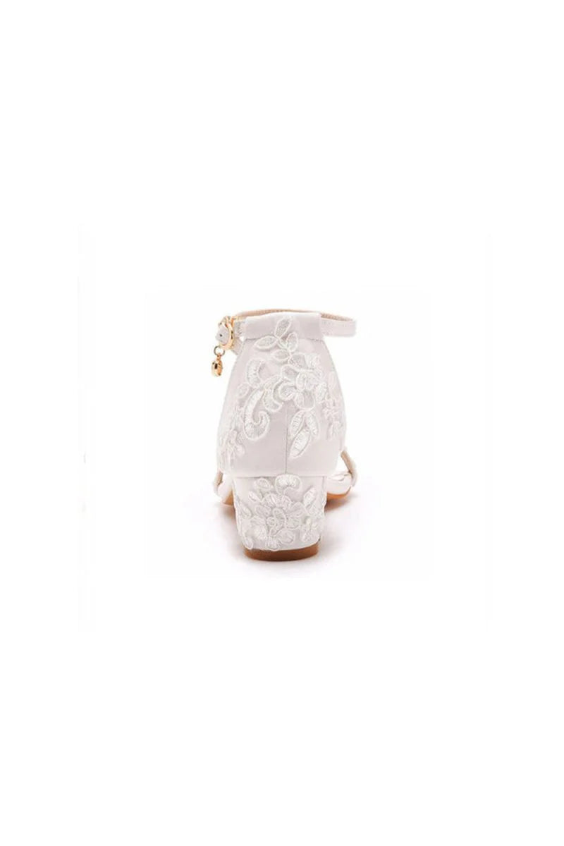Elegant White Lace Open Toe Ankle strap Block Heels