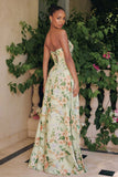 MEADOWS GOWN STRAPLESS A LINE SAGE FLORAL CHIFFON GOWN WITH SCARF