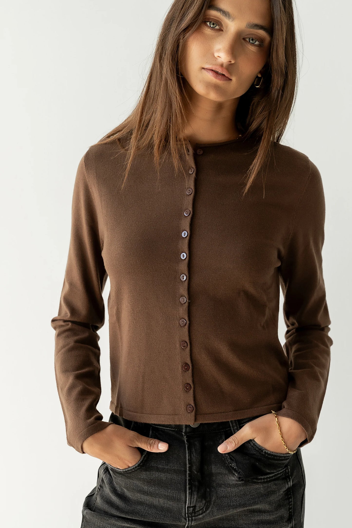 Maddy Button Up Cardigan in Brown FINAL SALE