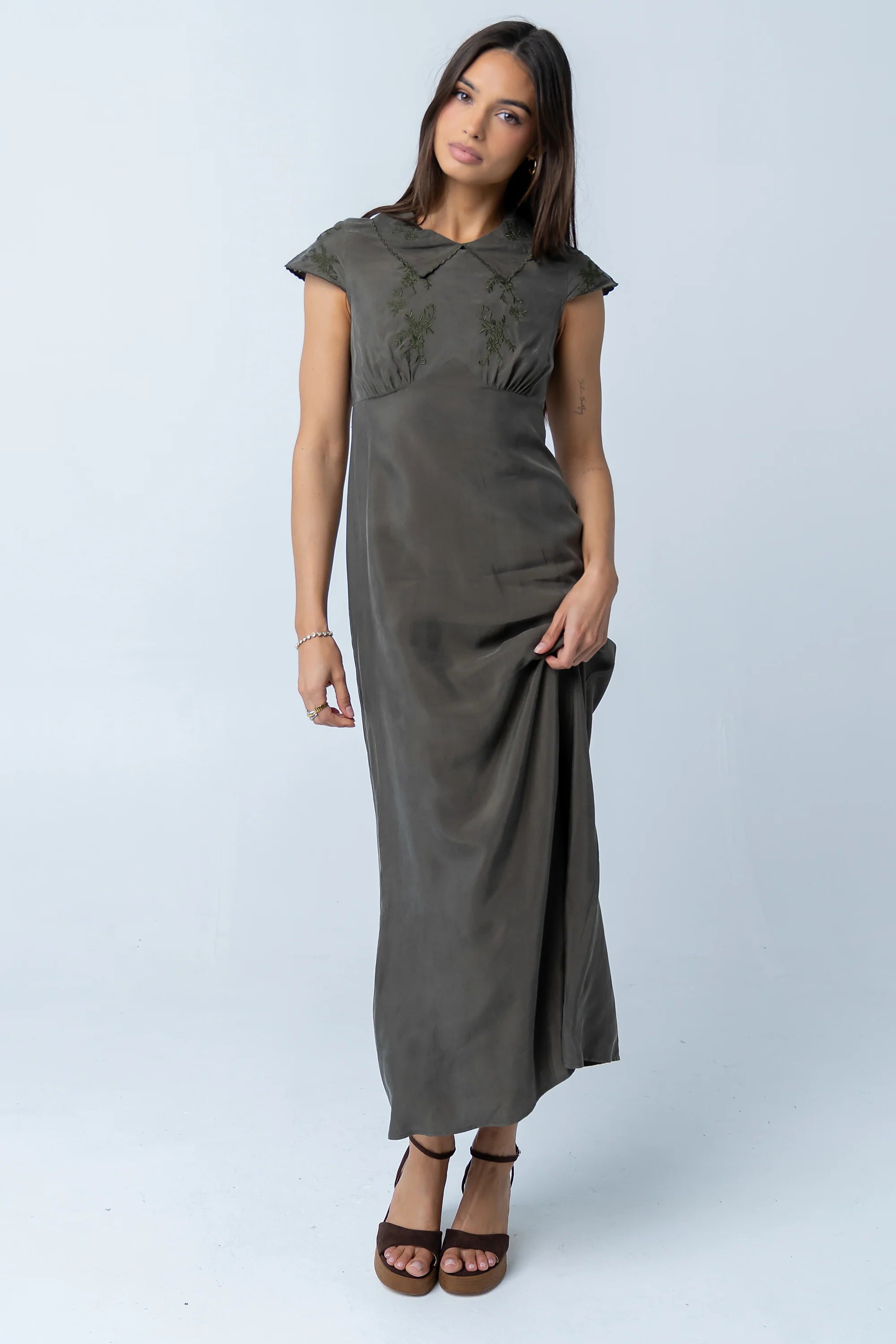 Tammy Embroidered Maxi Dress in Olive