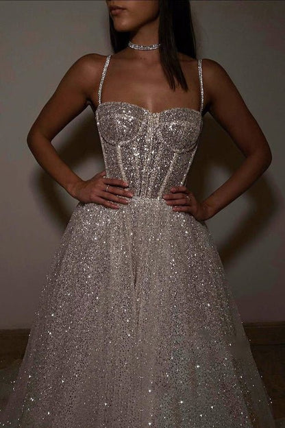 Spaghetti Straps Sparkly Bohemian Wedding Dress