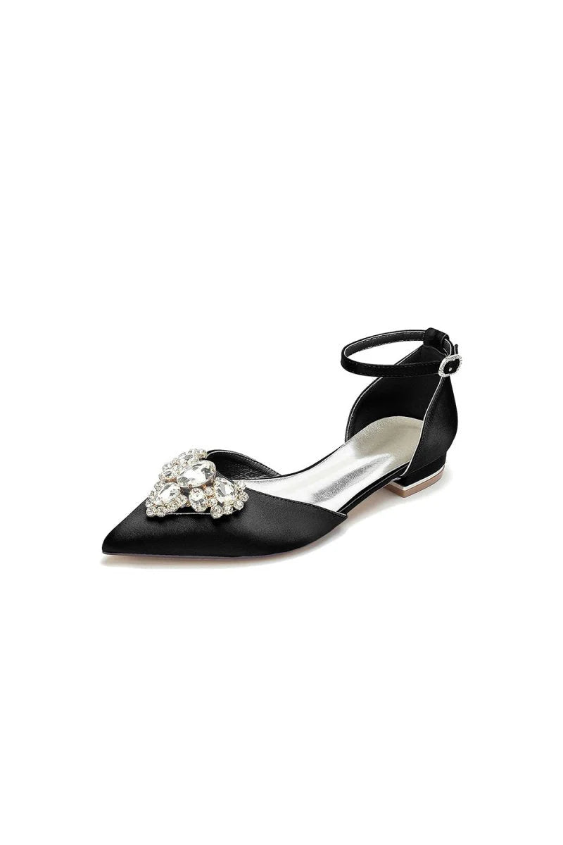 Satin Pointed Toe Ankle Strap Rhinestone Kitten Heels