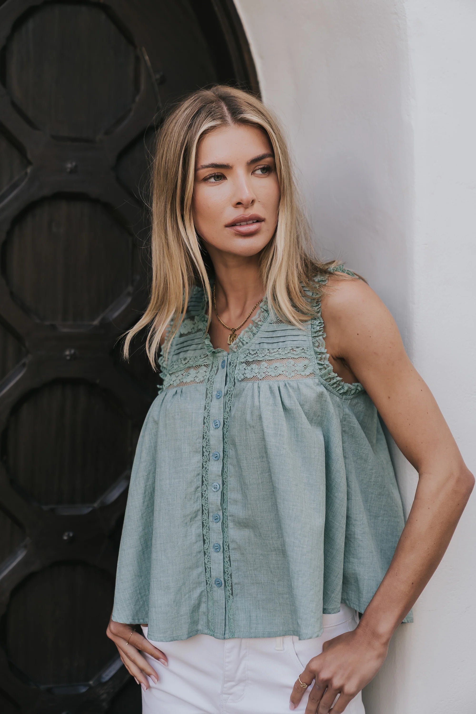 Megan Button Up Tank in Teal