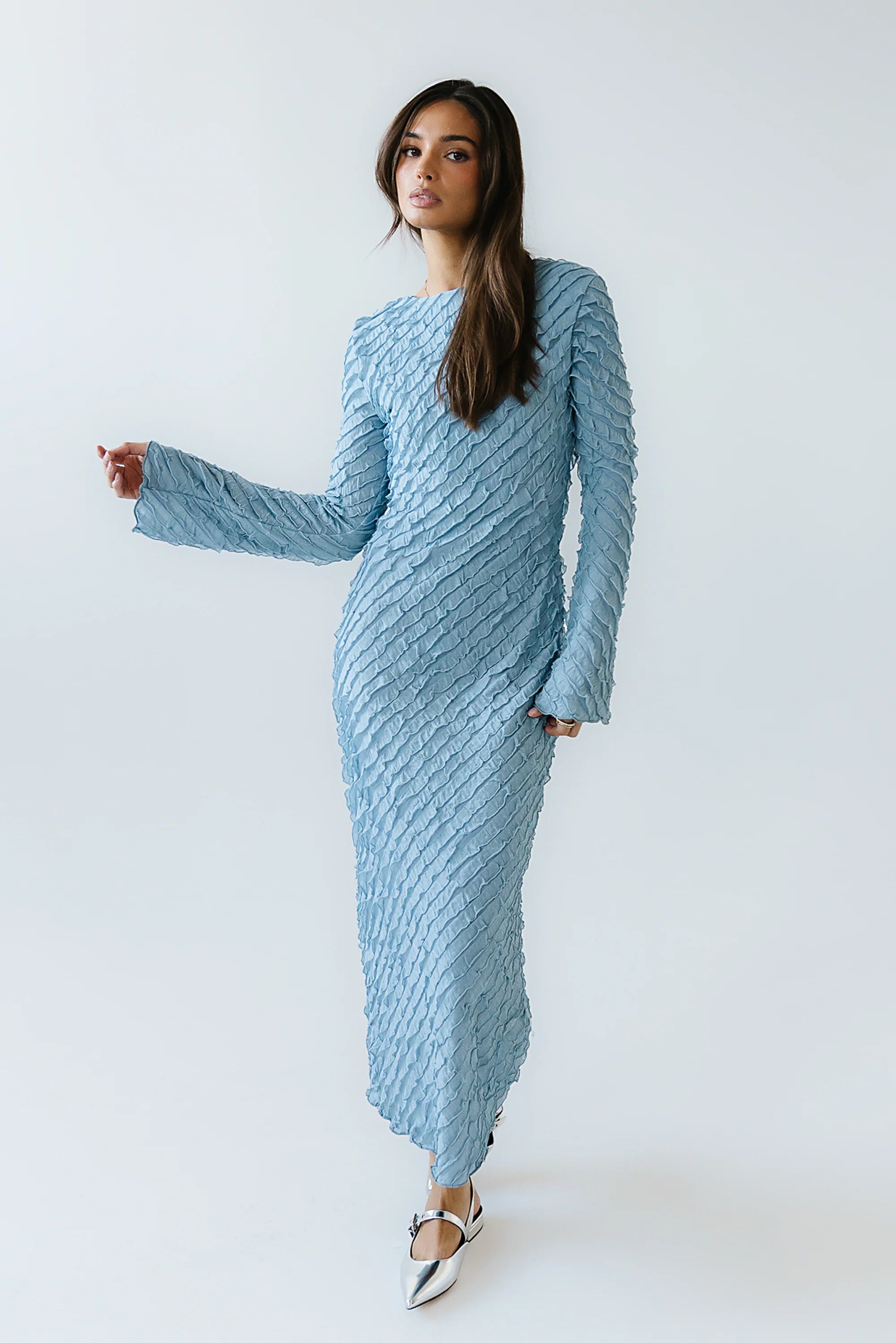 Bell Ruffle Maxi Dress in Blue