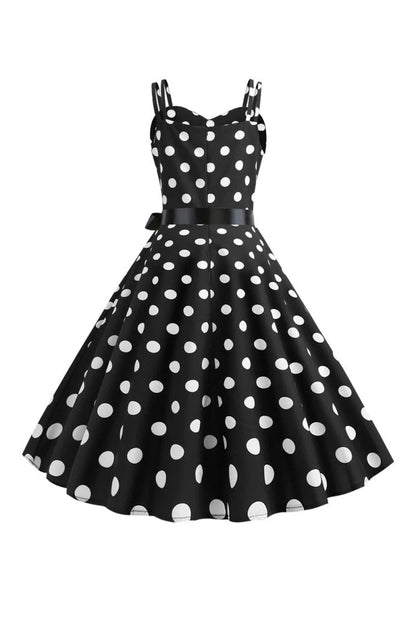 Pink Polka Dots Spaghetti Straps 1950s Dress With Bow