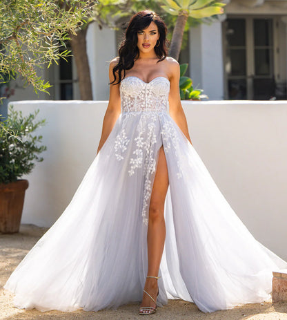 SOLAINE GOWN HAZE BLUE STRAPLESS BUSTIER CORSET A LINE DRESS