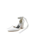 Rhinestone Ribbon Pointed Toe Ankle Strap Chunky Heel