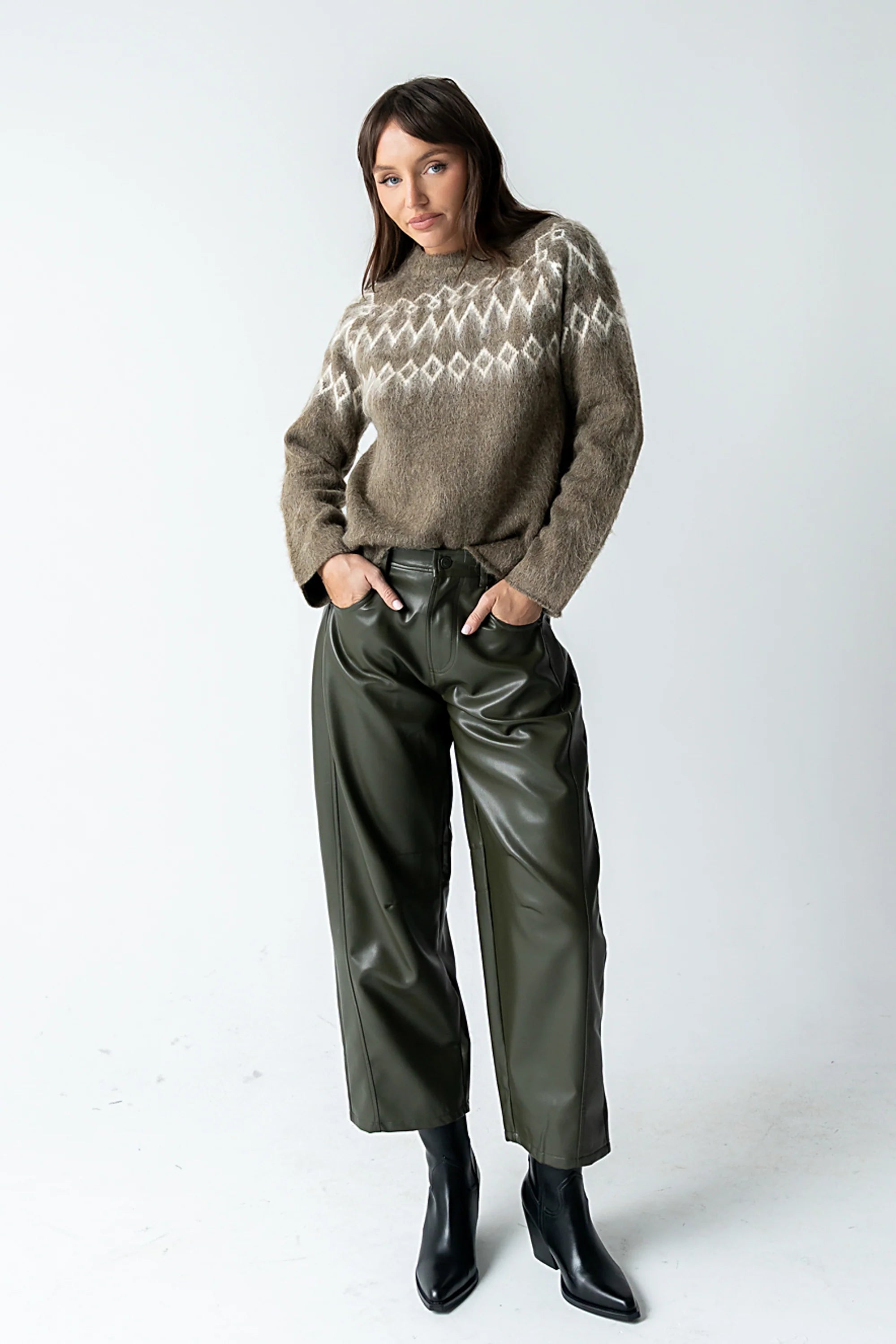 Langston Vegan Leather Barrel Jeans in Olive FINAL SALE