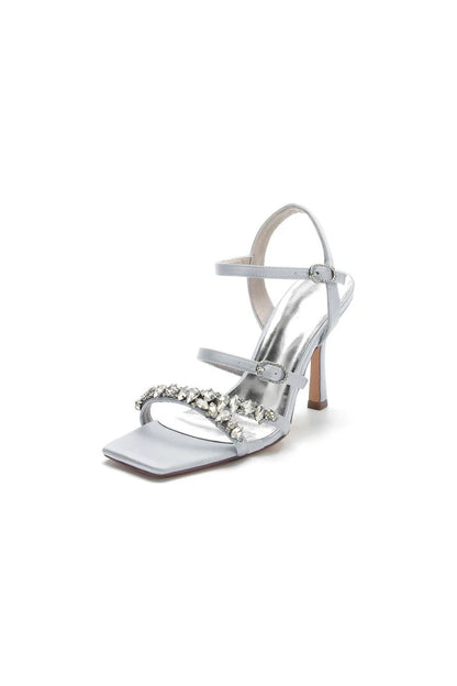 Crystal Buckle Straps Square Open Toe Chunky Heels