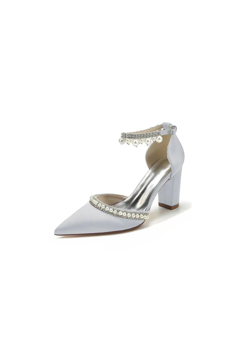 Womens Wedding Shoes Satin Block Heel Pearl Rhinestone Tassel Wedding Shoes