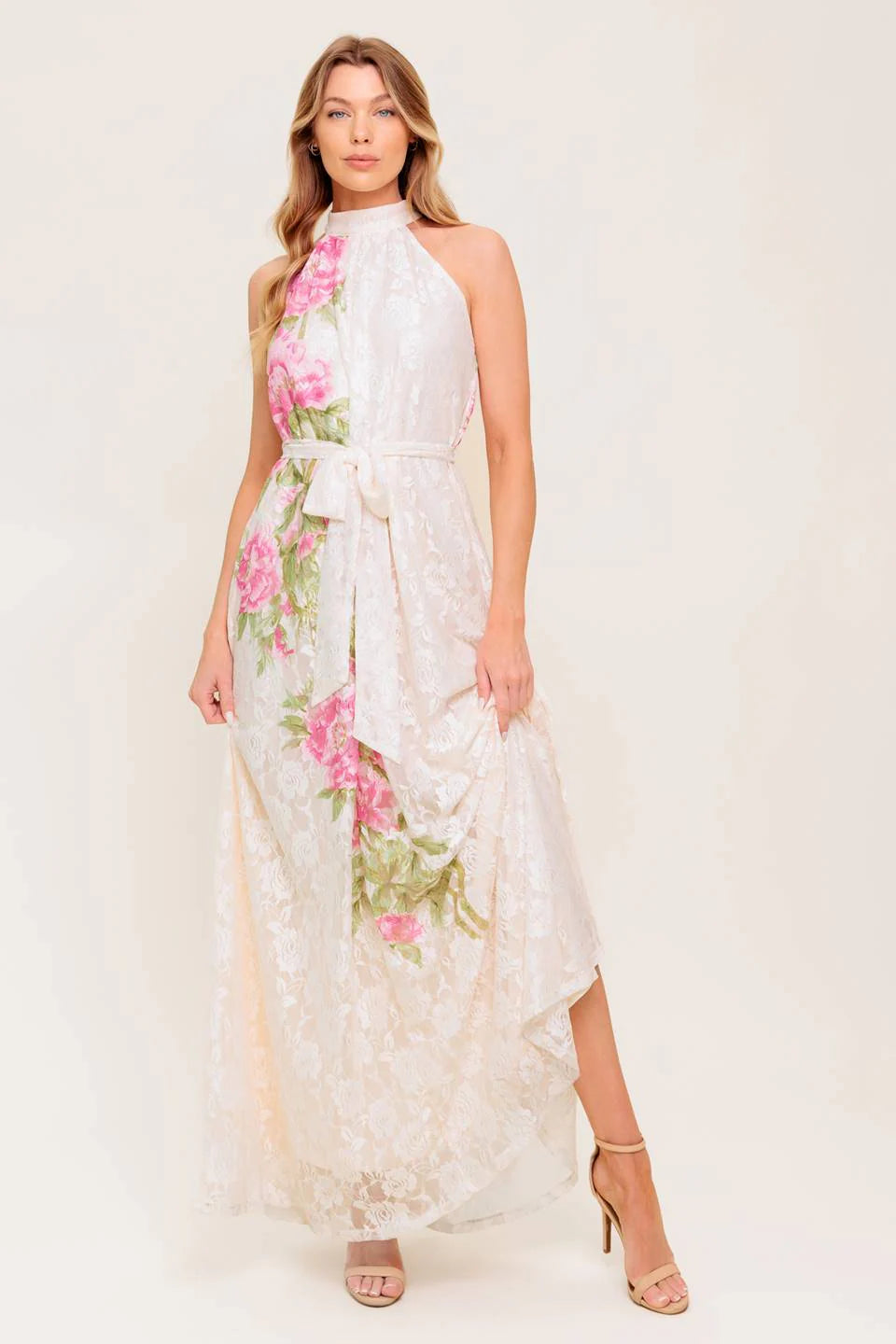 ROSE GARDEN IVORY LACE HALTER MAXI DRESS