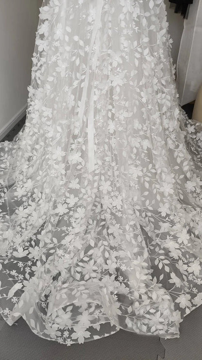Sexy Floral A Line Boho Lace Sleeved Long Wedding Dress with Sweep Train