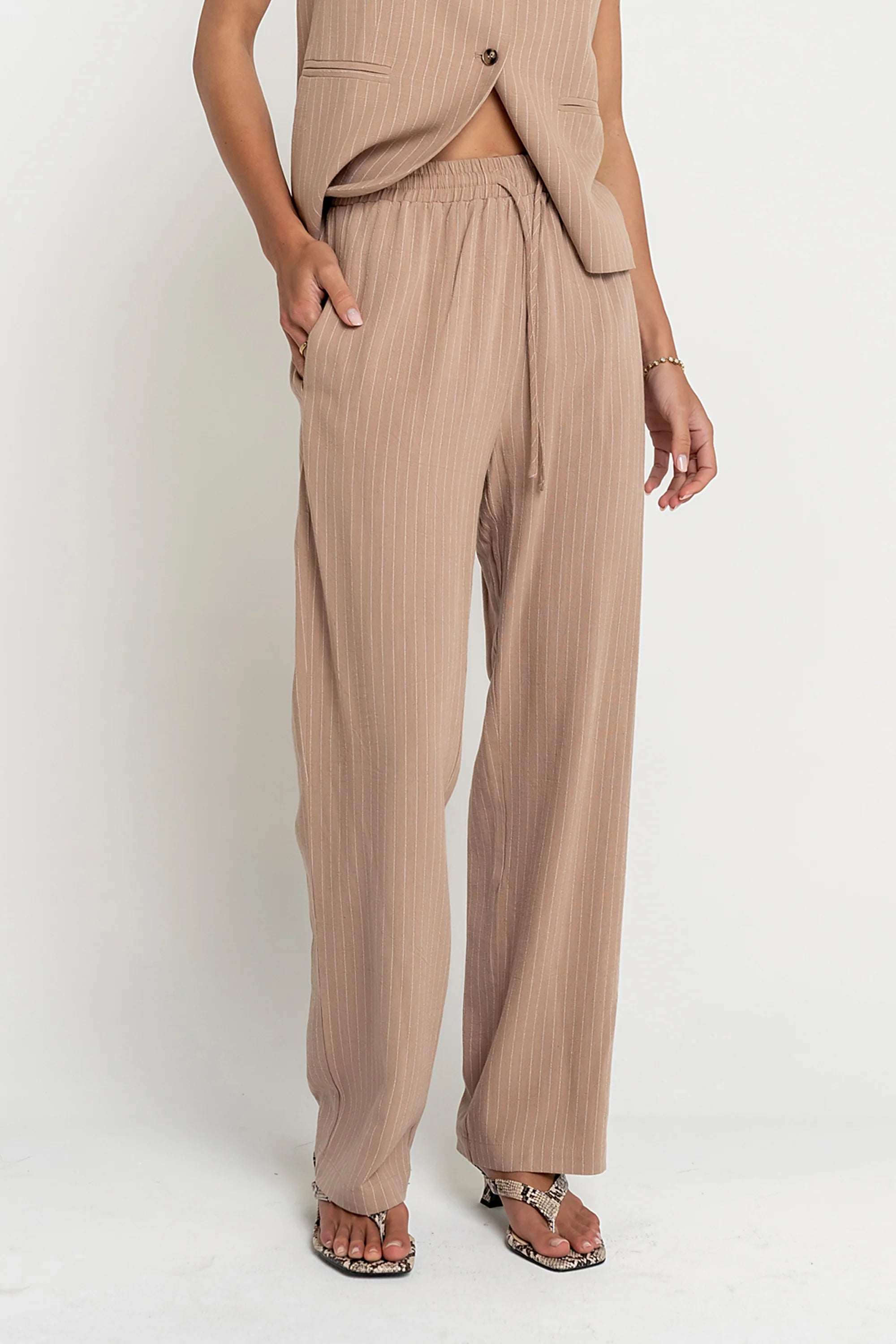 Vivienne Pinstripe Wide Leg Pants in Tan