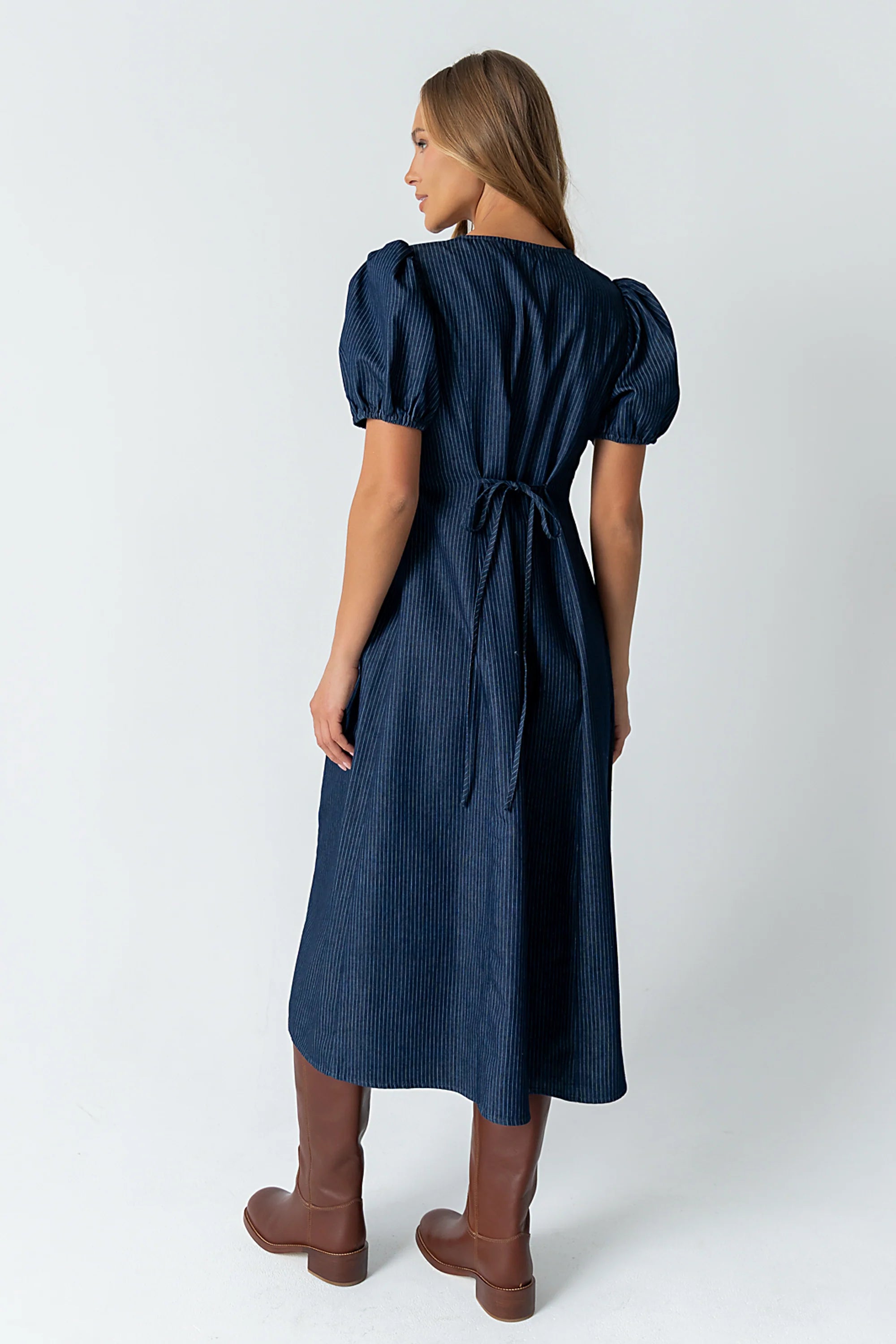 Conley Pinstripe Midi Dress in Medium Wash