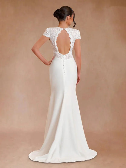 Modest Simple Sheath Short Sleeve Empire Floor Length Sweep Train Chiffon V neck Wedding Dress