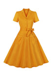 Yellow Swing V Neck Vintage Dress With Short Sleeves
