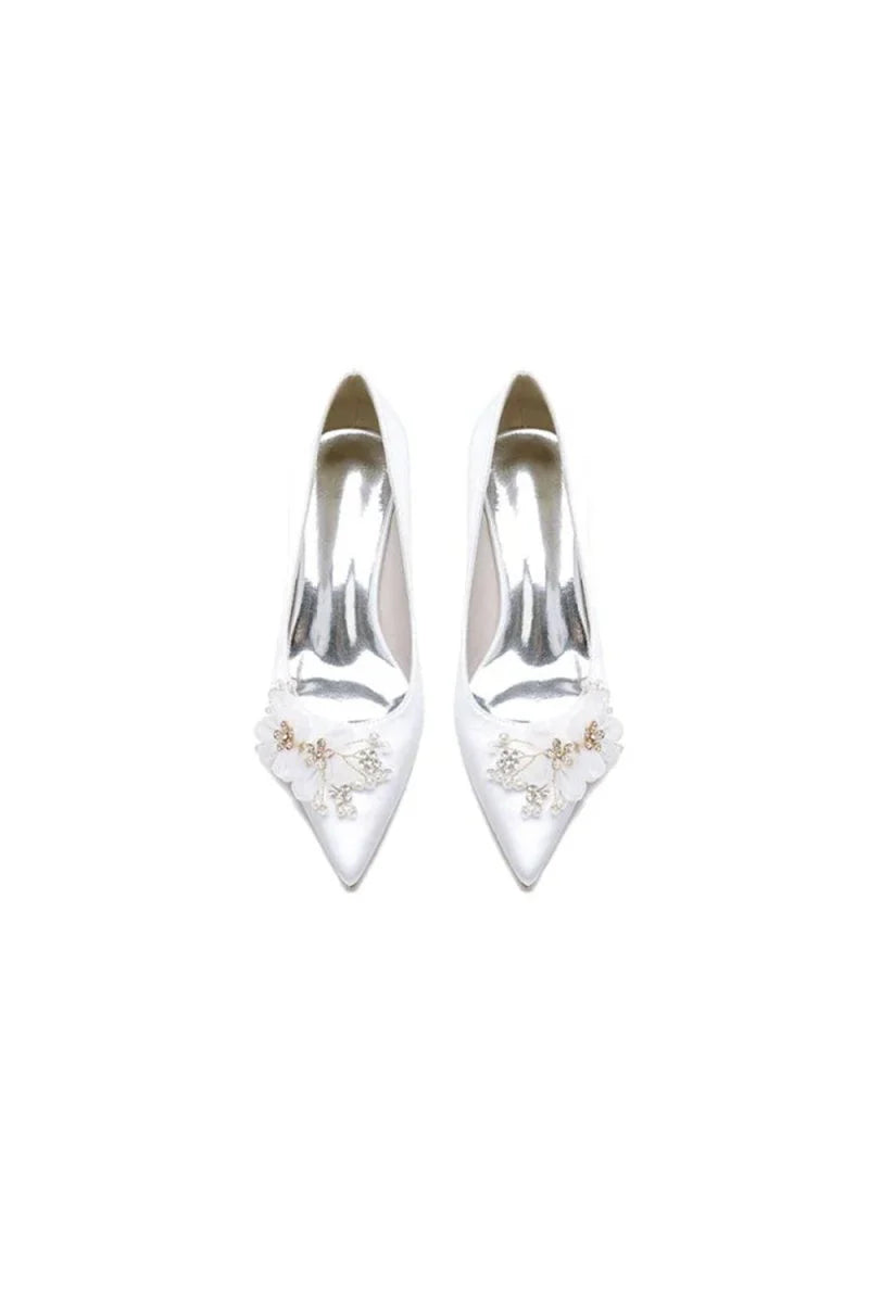 Pointed Toe Satin Slip on Chunky Wedding Shoes With Flower