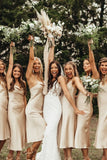 Spaghetti Straps Cowl Neck Tea Length Champagne Sheath Bridesmaid Dress