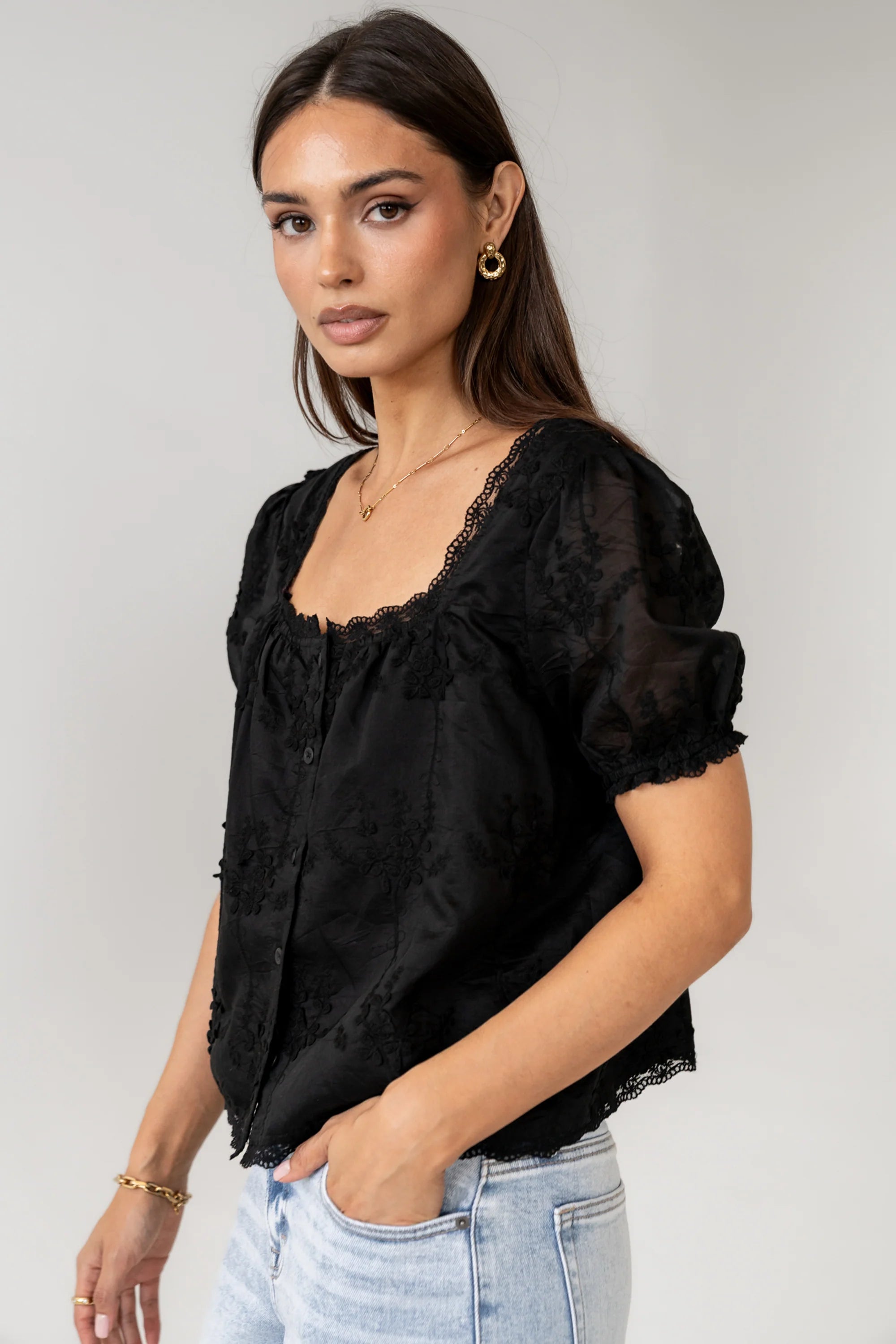 Hadley Embroidered Blouse in Black FINAL SALE