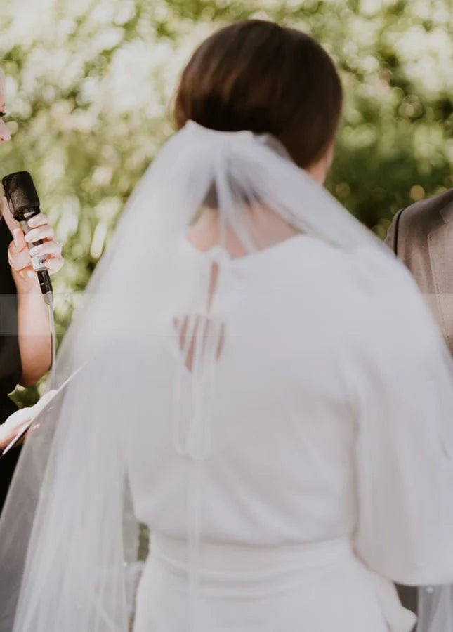 Simple Elegant Half Sleeves Crepe O Neck White Wedding Dresses with Sash