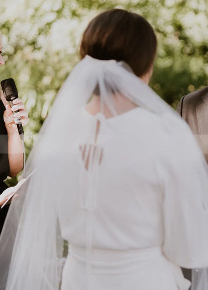 Simple Elegant Half Sleeves Crepe O Neck White Wedding Dresses with Sash
