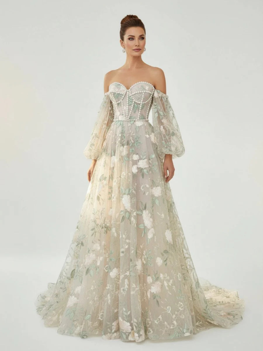 A Line Light Green Sweetheart Pearl Wedding Dress