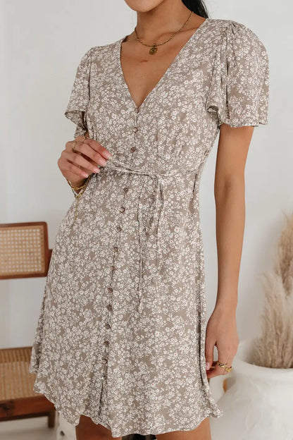 Abbie Floral Mini Dress in Taupe FINAL SALE
