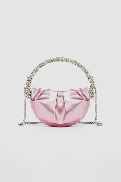 Womens Rhinestone Handle Metallic Slouchy Evening Clutch Bags