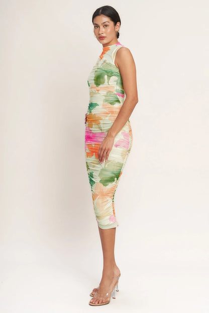 COLORFUL CONFIDENCE POWER MESH MIDI DRESS